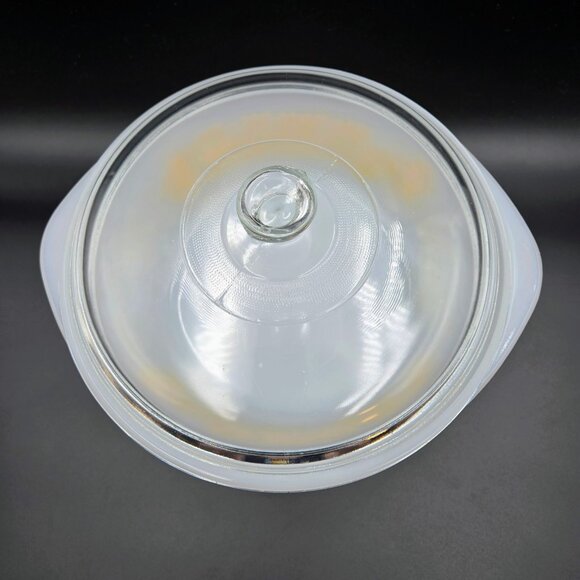 Vintage Glasbake Ovenware Yellow Daisy Casserole 514 Lid Brass Warming Stand Lid - Picture 7 of 16